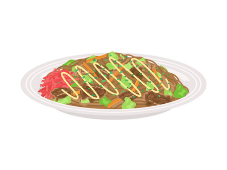 Illustration of yakisoba with mayonnaise, sauce served on a plateのイラスト素材