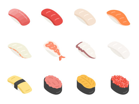 Illustration set of various sushi iconsのイラスト素材