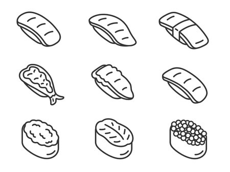 A set of illustrations of various sushi icons (line drawings)のイラスト素材