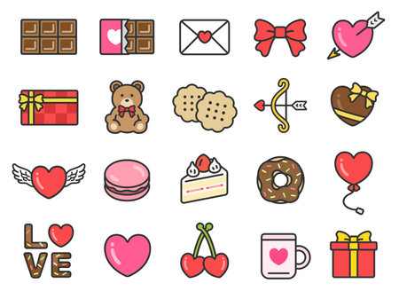 Valentine's Day icon (line art color) illustration setのイラスト素材