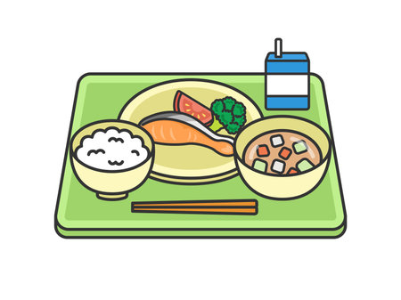 Illustration of school lunch (line drawing color) on Dinner Dayのイラスト素材