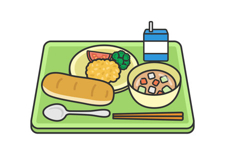 Illustration of school lunch (line drawing color) on bread dayのイラスト素材