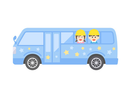 Illustration of a light blue kindergarten bus carrying kindergarten childrenのイラスト素材