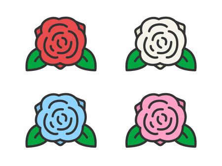 Illustration of rose flower icons (line drawing color) in various colorsのイラスト素材