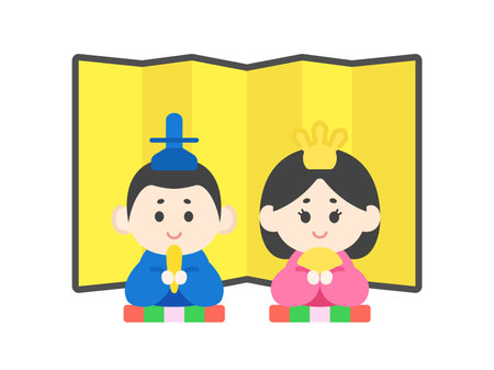Illustration of a hina doll sitting in front of a gold folding screenのイラスト素材