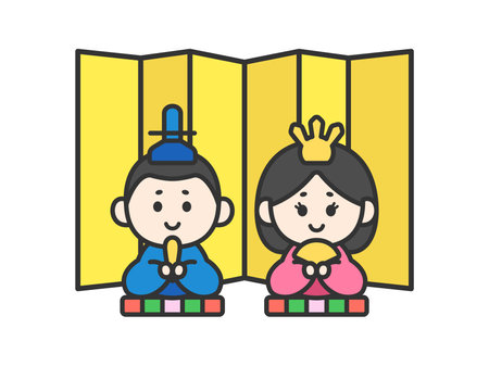Illustration of a hina doll (line drawing color) sitting in front of a gold folding screenのイラスト素材