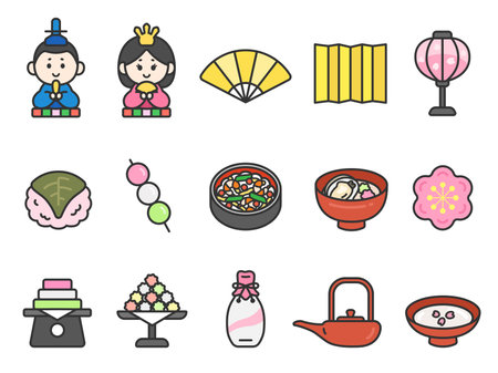 Illustration set of Hinamatsuri icons (line drawing color)のイラスト素材