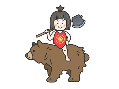 Illustration of Kintaro and Bear (line drawing color)のイラスト素材