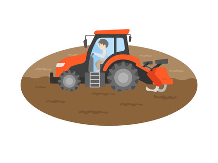Illustration of a man plowing, piloting a tractorのイラスト素材
