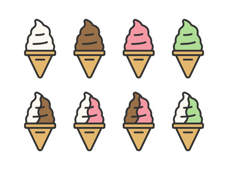 Illustration of soft-serve ice cream icon (line drawing color) in various flavorsのイラスト素材