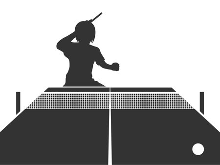 Silhouette illustration of female table tennis player swinging racket and table tennis tableのイラスト素材
