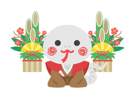 Illustration of a white snake character in a kimono greetingのイラスト素材
