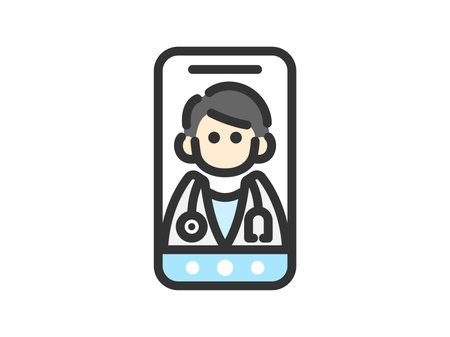 Illustration of a male doctor's icon (line drawing color) conducting online medical examination via smartphoneのイラスト素材