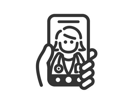 Illustration of an icon (line drawing) of a person (female doctor) conducting online medical examinations on a smartphoneのイラスト素材