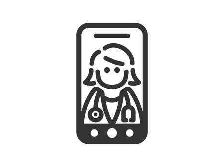 Illustration of a female doctor's icon (line drawing) for online medical treatment via smartphoneのイラスト素材
