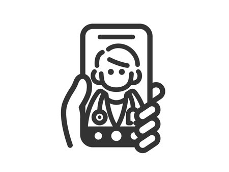 Illustration of an icon (line drawing) of a person (male doctor) conducting online medical examinations on a smartphoneのイラスト素材