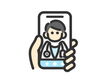 Illustration of an icon (line drawing color) of a person (male doctor) conducting online medical examinations on a smartphoneのイラスト素材
