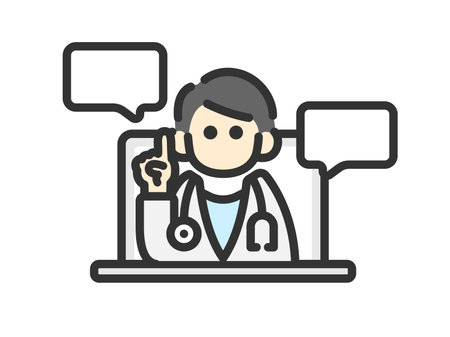 Illustration of a male doctor's icon (line drawing color) talking on a PC online medical consultationのイラスト素材