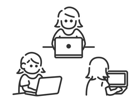 Illustration set of icon (line drawing) of woman using laptopのイラスト素材