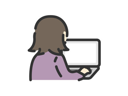 Illustration of a businesswoman's back view using a laptop (line drawing color)のイラスト素材