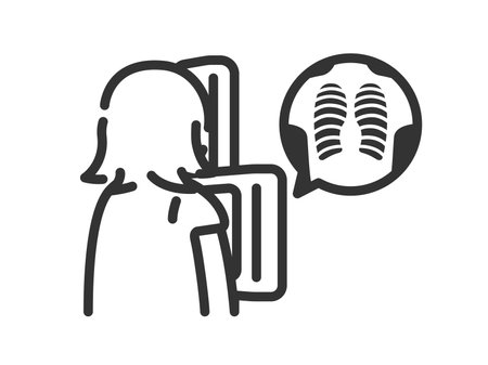 Illustration of a woman's icon (line drawing) undergoing a chest x-ray examination (X-ray)のイラスト素材