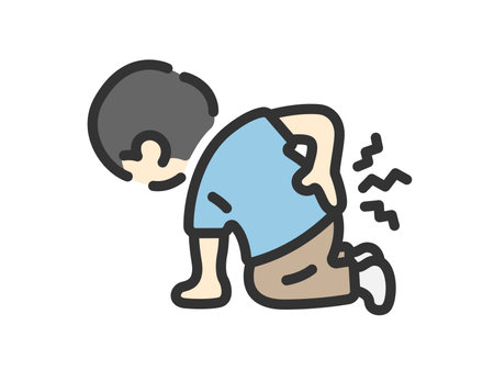 Illustration of a man icon (line drawing color) who cannot stand up due to back painのイラスト素材