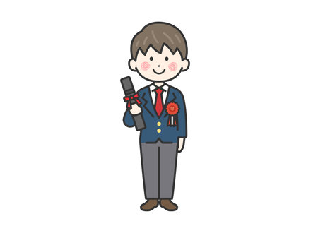 Illustration of a male student (line drawing) wearing a blazer and holding a diplomaのイラスト素材
