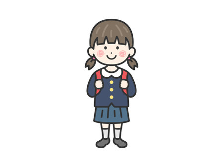 Illustration of an elementary school girl (line drawing) wearing a hat and carrying a school bagのイラスト素材