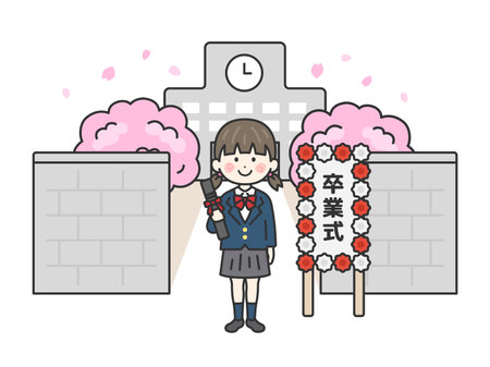 Illustration (line drawing) of a female student wearing a sailor uniform standing in front of the school building at a graduation ceremonyのイラスト素材