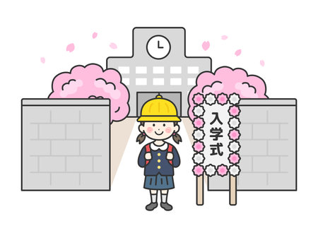 Illustration (line drawing) of an elementary school girl wearing a hat standing in front of the school building at the entrance ceremonyのイラスト素材