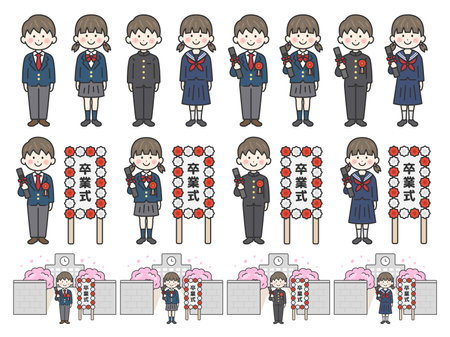 Illustration set of male and female students (line drawings) in uniforms at graduation ceremonyのイラスト素材