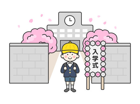 Illustration (line drawing) of an elementary school boy wearing a hat standing in front of the school building at the entrance ceremonyのイラスト素材
