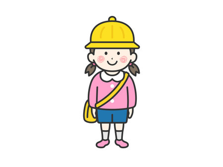 Illustration of a girl (line drawing) wearing a kindergarten uniform and hatのイラスト素材
