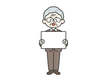 Illustration of an elderly businessman (line drawing) holding a placard and demonstratingのイラスト素材