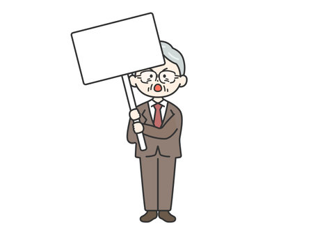 Illustration of an elderly businessman (line drawing) holding a placard and protestingのイラスト素材