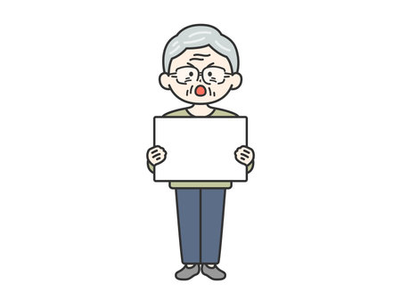 Illustration of an elderly man (line drawing) holding a placard and demonstratingのイラスト素材
