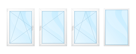 Modern shiny windows with white frames set isolated vector illustration. Architectural interior and exterior detail, building facade element. Various types plastic windows collection in flat style.のイラスト素材