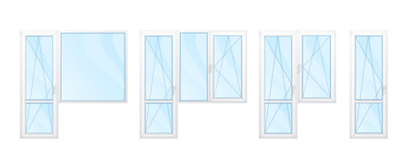 Modern shiny windows with white frames set isolated vector illustration. Architectural interior and exterior detail, building facade element. Various types plastic windows collection in flat style.のイラスト素材