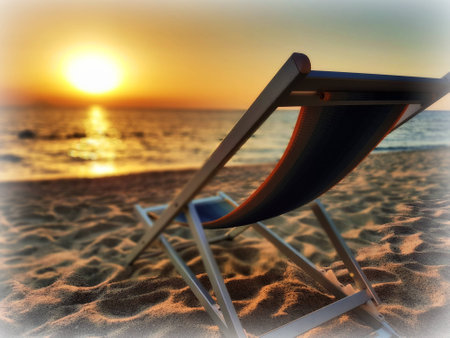 Beach chair at sunsetの写真素材