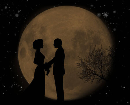 Silhouette of couple in moonlight and starsの写真素材