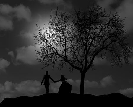 Silhouette of couple in moonlight under treeの写真素材