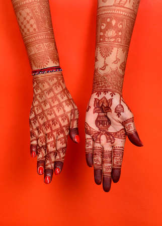 Ledy Feet and Hands in Heena for wedding in white background and isolated hand and feet | hand design | feet design | beautiful design | nice designの写真素材
