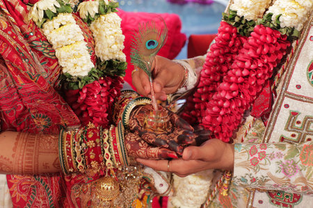 indian wedding fill story with bridal and groom start to end with fashion  tasty food, jewellery  decoration  saptapadi samayu javtal ganesh Puja beautiful background all wedding rituals sindurの写真素材