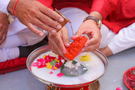 indian wedding fill story with bridal and groom start to end with fashion  tasty food, jewellery  decoration  saptapadi samayu javtal ganesh Puja beautiful background all wedding rituals sindurの写真素材