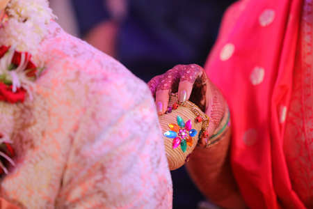 indian wedding fill story with bridal and groom start to end with fashion  tasty food, jewellery  decoration  saptapadi samayu javtal ganesh Puja beautiful background all wedding rituals sindurの写真素材