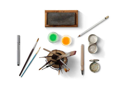 Artistic Object top angle in beautiful white Grey background | brush | color box | black pad |...