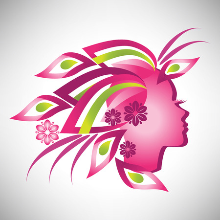 Vector illustration of abstract Beautiful stylized woman pink silhouette in profile with floral hairのイラスト素材