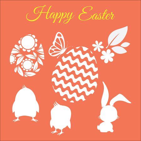 Happy easter set with silhouettes of chickens, rabbit, flower, leaf and eggsのイラスト素材