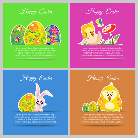 Happy easter cards set meadow with newborn chicken flower butterfly ornament floral eggsのイラスト素材