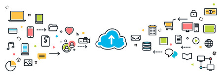 flat line modern design illustration concept of saving cloud service with icons long background for website blog banner and landing page. Infographic icon elementsのイラスト素材